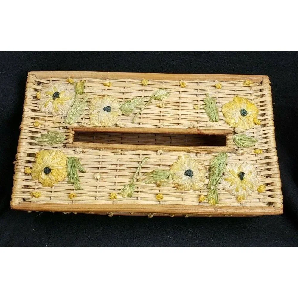 Boho Vintage 70s Wicker Rattan Wood Tissue Holder Box Flowers Cottagecore Decor